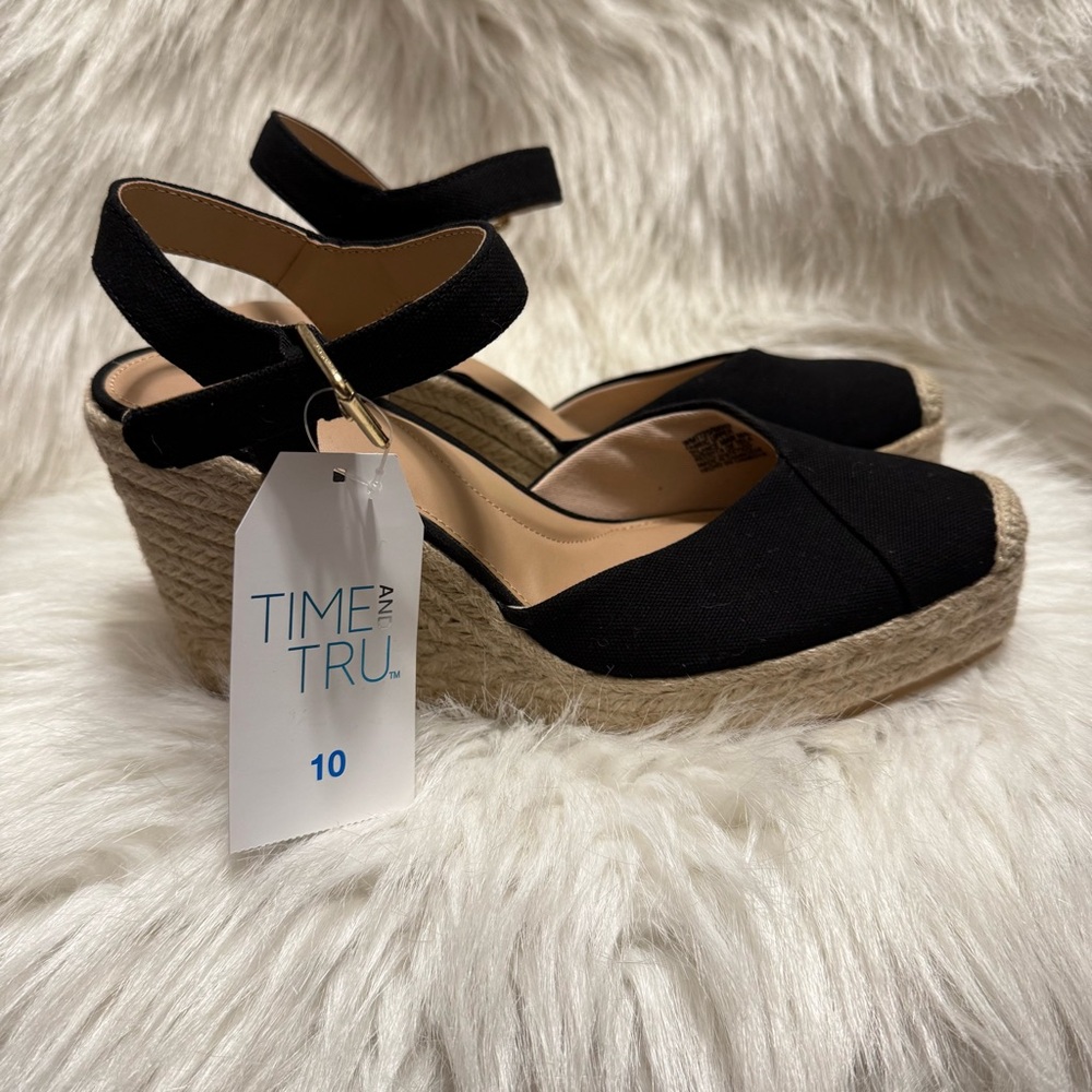 Time‎ and Tru Black Wedge Espadrilles Shoes Women’s Size 10 New